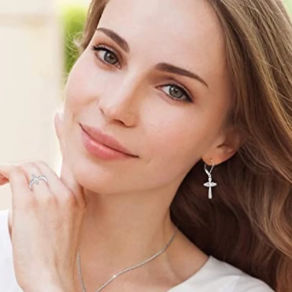 New Woman’s Sterling Silver Infinity Crucifix Cross White Sapphire Earrings